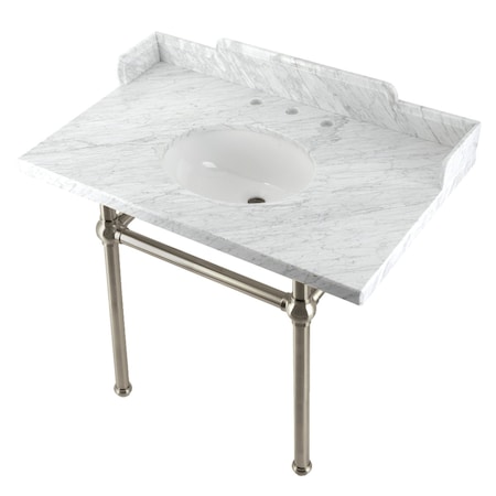 Kingston Brass 36 Carrara Marble Console Sink with Brass Legs, Marble WhiteBrushed Nickel LMS3630MB8